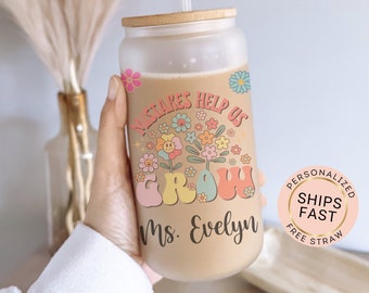Teacher Cup Personalized Teacher Glass Cup, Custom Teacher Frosted Glass Cup, Teacher Glass Tumbler, Teacher Iced Coffee Cup, Teacher Gift