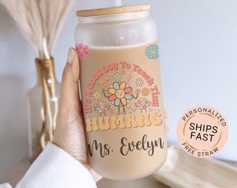 Teacher Cup Personalized Teacher Glass Cup, Teacher Frosted Glass Cup, Teacher Glass Tumbler, Teacher Iced Coffee Cup, Tiny Humans Cup