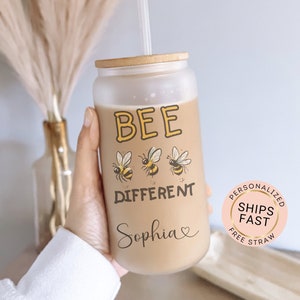 Bee Cup Personalized Bee Glass Cup, Custom Bee Glass Can, Bee Glass Tumbler, Bee Iced Coffee Cup for Bee Lovers, Bee Different Glass Cup