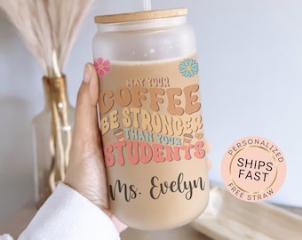 Teacher Cup Personalized Teacher Glass Cup, Custom Teacher Frosted Glass Cup, Teacher Glass Tumbler, Teacher Iced Coffee Cup For Teacher