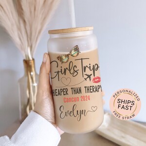 Taza de viaje de chicas, taza de vidrio personalizada para viaje de chicas, taza de vidrio esmerilado personalizada para viaje de chicas, vaso de vidrio para viaje de chicas, taza de café helado para viaje de chicas