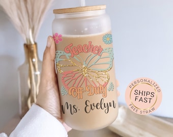 Teacher Cup Personalized Teacher Glass Cup, Teacher Frosted Glass Cup, Teacher Glass Can, Teacher Iced Coffee Cup, Butterfly Teacher Gift