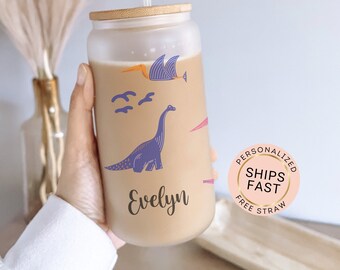 Dinosaur Cup Personalized Dinosaur Glass Cup, Dinosaur Frosted Glass Cup, Dinosaur Glass Tumbler, Dinosaur Iced Coffee Cup, Dinosaur Gift