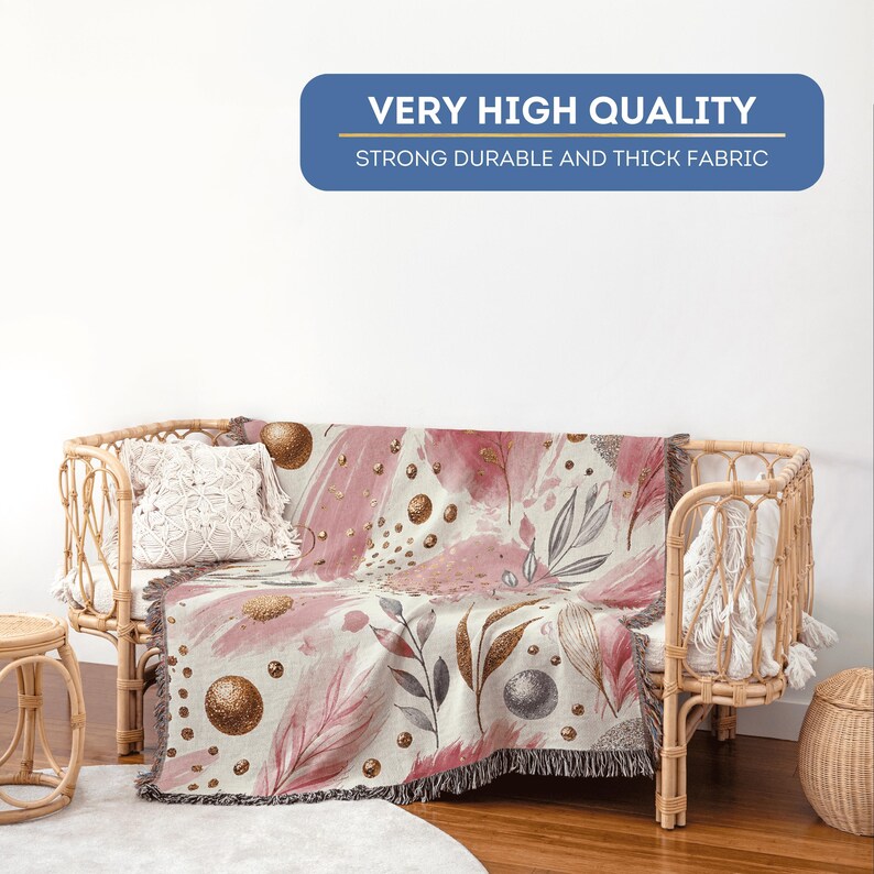 Floral Throw Blanket Pink Gold Silver Modern Botanical Cotton Fringed