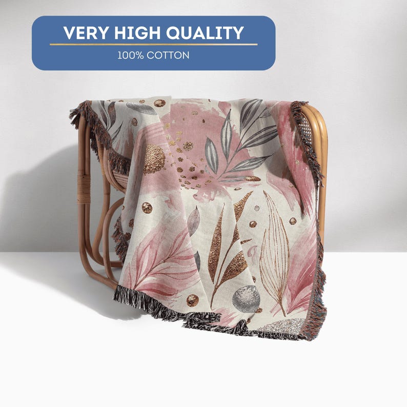Floral Throw Blanket Pink Gold Silver Modern Botanical Cotton Fringed