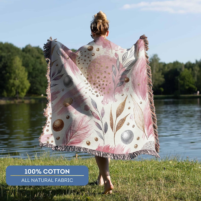 Floral Throw Blanket Pink Gold Silver Modern Botanical Cotton Fringed