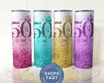 50 And Fabulous Tumbler Personalized Fifty Birthday Cup For Her, Custom 50 Birthday Glitter Tumbler, 50 Cup, Fabulous 50 Party Gift Idea