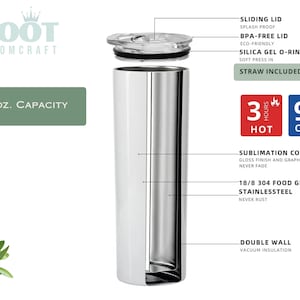 May include: A stainless steel tumbler with a white powder coating. It has a double wall and vacuum insulation to keep drinks hot for 3 hours and cold for 9 hours. The tumbler is 20 ounces and includes a sliding lid, BPA-free lid, and a straw.