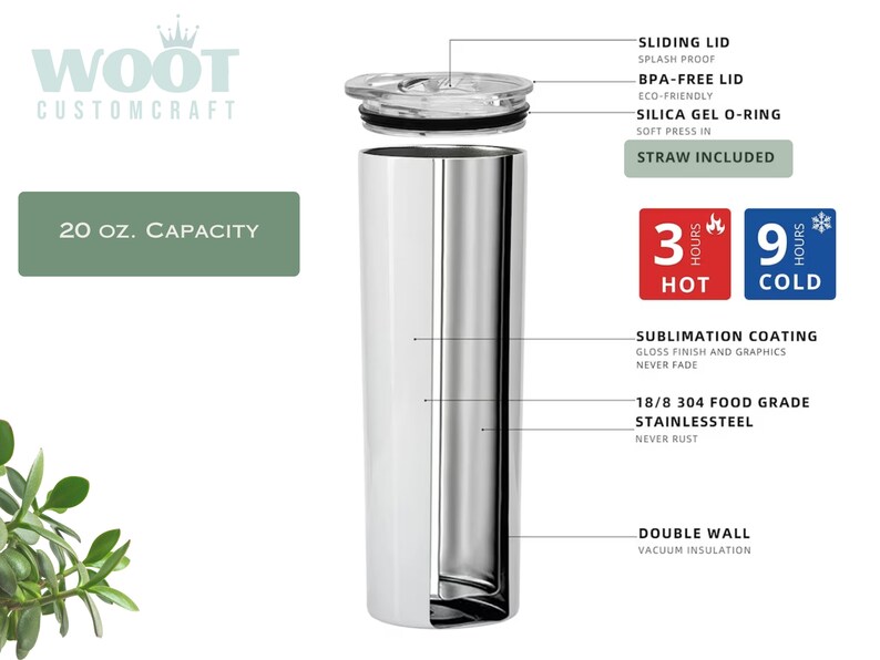 May include: A stainless steel tumbler with a white powder coating. It has a double wall and vacuum insulation to keep drinks hot for 3 hours and cold for 9 hours. The tumbler is 20 ounces and includes a sliding lid, BPA-free lid, and a straw.