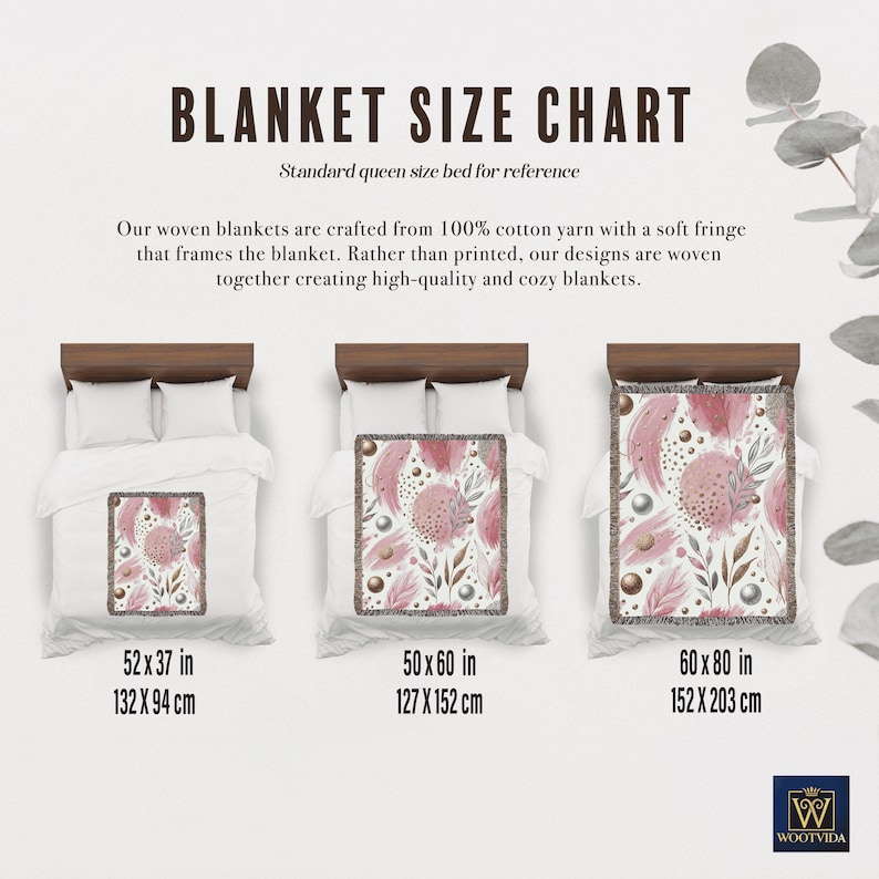 Floral Throw Blanket Pink Gold Silver Modern Botanical Cotton Fringed