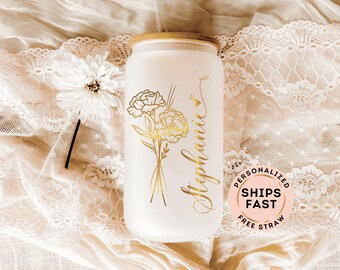 Customized Mom Tumbler With Name And Birth Flowers Personalized Mother’s Day Gift Iced Coffee Glass Cup for Mamma, Unique Floral Mom Gift