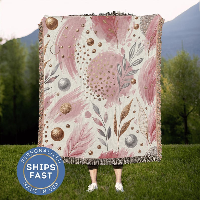 Floral Throw Blanket Pink Gold Silver Modern Botanical Cotton Fringed