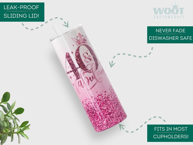 May include: Pink and white stainless steel tumbler with a glitter finish and the text "40 & fabulous" in pink. The tumbler has a clear sliding lid and a crown design on the top.