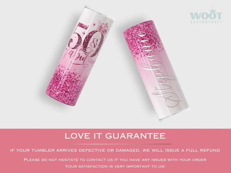 May include: Pink and white tumbler with glitter and the text "50 & Fabulous" and "Stephanie" on it.
