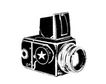 Könnte beinhalten: Schwarzweiß-Illustration einer Vintage-Hasselblad-Kamera mit einem sternförmigen Design an der Seite.