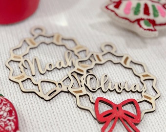 Personalized Christmas Wreath Ornament: Baltic Birch Family Name Tag