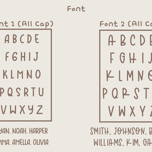 May include: Two different fonts displayed in all caps. The first font is a rounded, simple font. The second font is a more casual, handwritten font. Both fonts display the alphabet from A to Z. Below the fonts are examples of names written in each font.