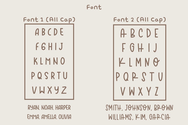 May include: Two different fonts displayed in all caps. The first font is a rounded, simple font. The second font is a more casual, handwritten font. Both fonts display the alphabet from A to Z. Below the fonts are examples of names written in each font.