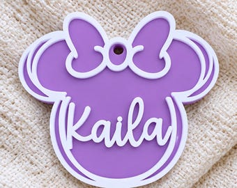 Etiqueta para bolso con orejas de ratón personalizadas y lazo, llavero acrílico 3D personalizado con nombre.