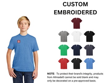 Custom Embroidered Allmade® Youth Tri-Blend Tee, your text, logo or art embroidered, "No Digitizing Fee"