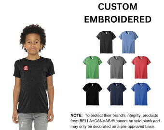 Custom Embroidered BELLA+CANVAS® Youth Triblend Short Sleeve Tee, your text, logo or art embroidered, "No Digitizing Fee"