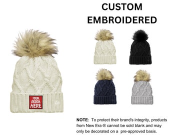 Custom Embroidered New Era ® Faux Fur Pom Beanie, your text, logo or art embroidered, "No Digitizing Fee"