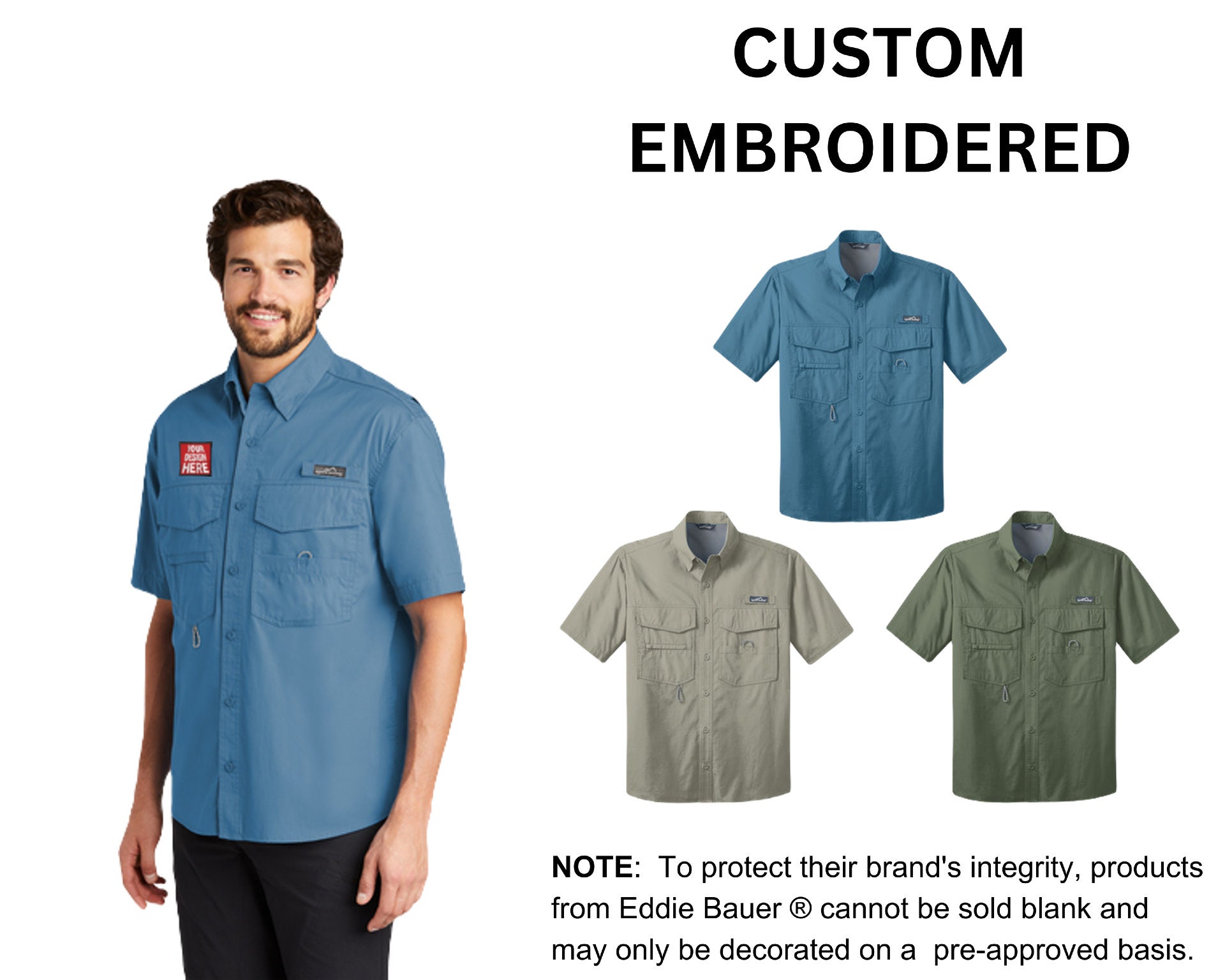 Custom Embroidered Eddie Bauer® Short Sleeve Fishing Shirt, Your Text, Logo  or Art Embroidered, no Digitizing Fee 