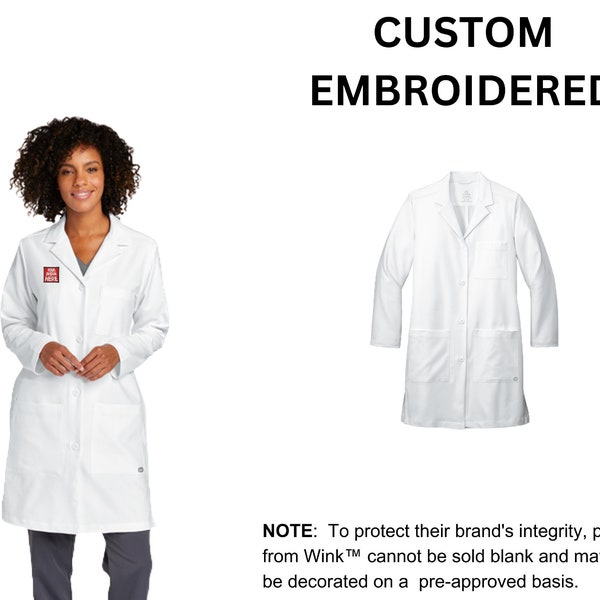 Custom Embroidered Wink™ Women’s Long Lab Coat, your text, logo or art embroidered, "No Digitizing Fee"