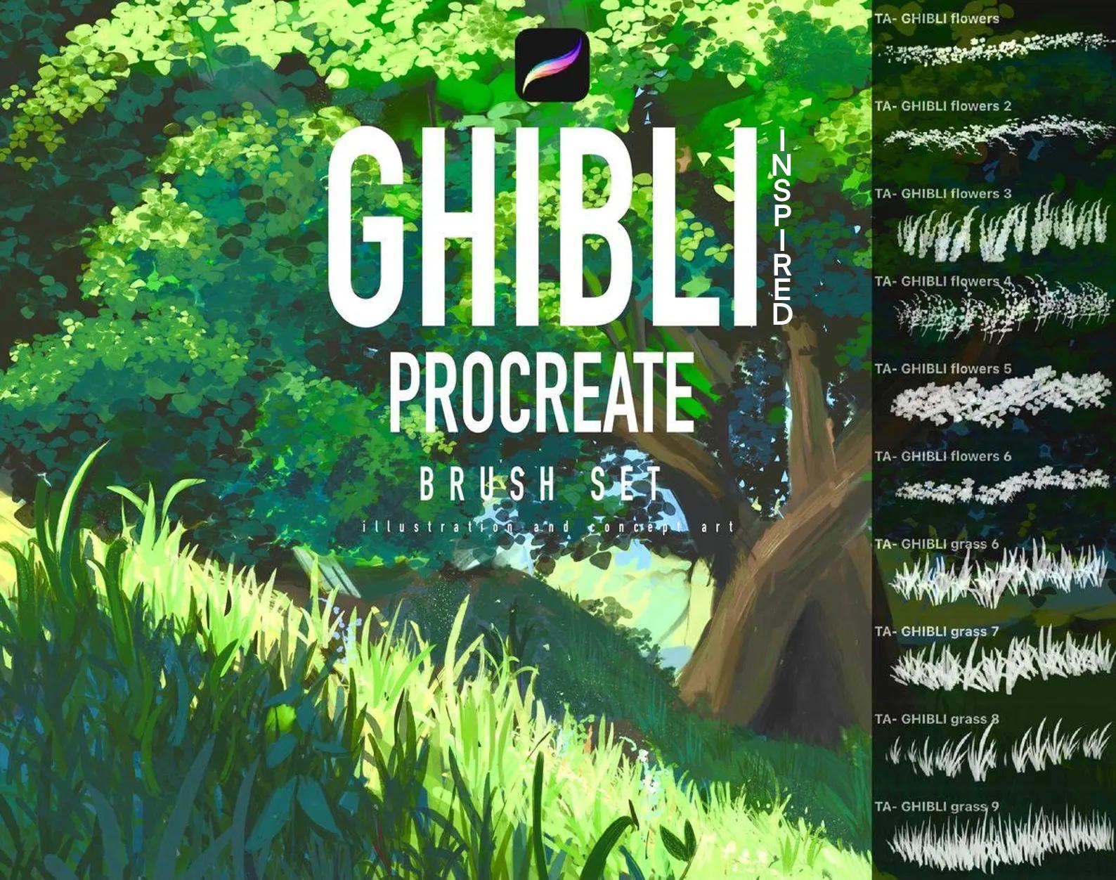 Pincéis de paisagem para Procreate inspirados em Ghibli – Natureza, ambiente e fundos