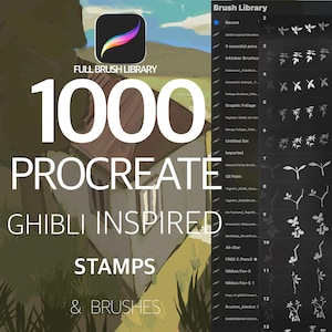 Op de afbeelding: Een digitale illustratie van een huis met een groen dak en een blauwe lucht. De tekst "1000 PROCREATE GHIBLI INSPIRED STAMPS & BRUSHES" wordt weergegeven in witte letters op een zwarte achtergrond. De afbeelding is een digitaal product voor gebruik in de Procreate-app.