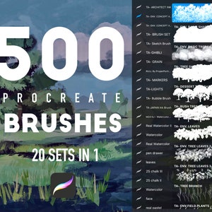 Può includere: Un'illustrazione digitale di un paesaggio con un lago e alberi. Il testo "500 PROCREATE BRUSHES 20 SETS IN 1" è visualizzato sull'immagine. L'immagine mostra anche un elenco di nomi e descrizioni di pennelli.