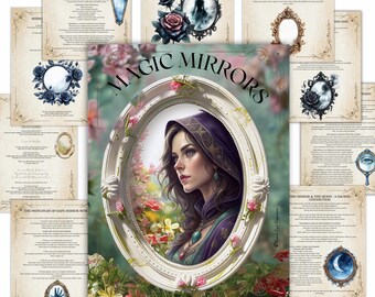 May include: A book cover titled "MAGIC MIRRORS" features a woman in a purple hood framed by a white oval mirror with floral accents. Surrounding the book are pages with mirror illustrations and text, including "THE PRINCIPLES OF SAFE MIRROR WORK".