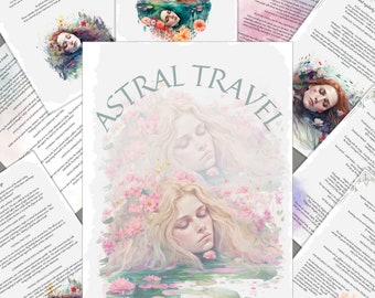 Puede incluir: Una ilustración digital de dos mujeres con cabello largo y suelto, sumergidas en una piscina de agua con flores de loto rosas. El texto "Astral Travel" está escrito en letras grandes y negritas sobre las mujeres.