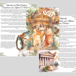 May include: Aphrodite, the Greek goddess of love and beauty, is depicted in a watercolor painting. She is shown standing in a golden robe with a flowing red cape, holding a golden apple. The painting is set against a background of a white temple with a golden roof.