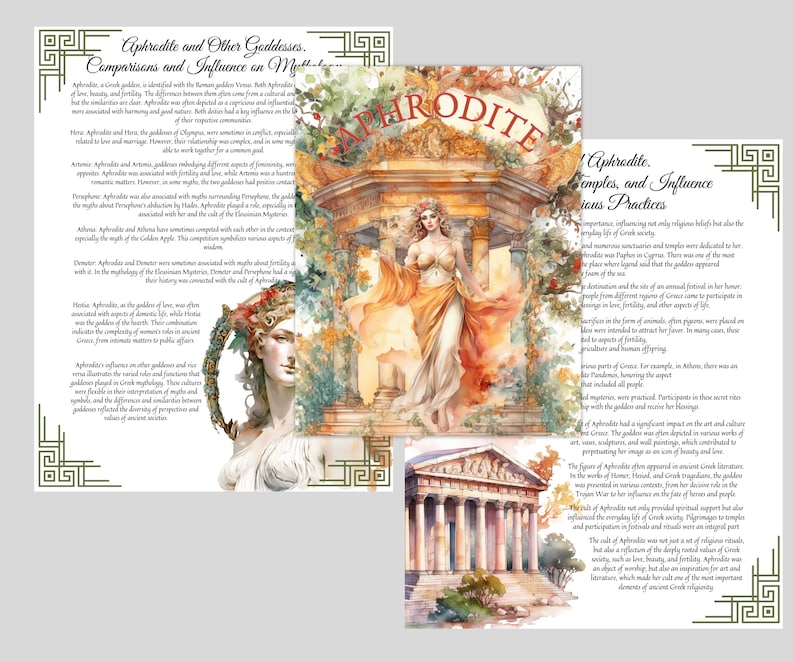 May include: Aphrodite, the Greek goddess of love and beauty, is depicted in a watercolor painting. She is shown standing in a golden robe with a flowing red cape, holding a golden apple. The painting is set against a background of a white temple with a golden roof.