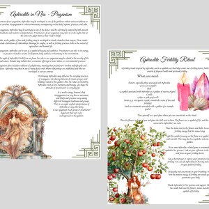 May include: Aphrodite Fertility Ritual printable with instructions on how to perform a fertility ritual using flowers, candles, and crystals. The printable features a watercolor illustration of a woman sitting on a tree branch with apples and flowers.