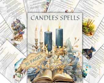 Puede incluir: Un libro con una cubierta dorada y velas azules en un candelabro. El libro está abierto y las páginas son visibles. Las velas están rodeadas de hojas azules y doradas. El texto "CANDLES SPELLS" está en la parte superior de la imagen. El texto "35 PAGES" está en una forma ovalada dorada en la parte inferior de la imagen.