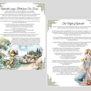 May include: Two illustrations depicting the Greek goddess Aphrodite. The first image shows Aphrodite emerging from the sea foam, surrounded by waves. The second image shows Aphrodite standing with a golden apple in her hand, surrounded by red apples. The text "Aphrodite's origin. Birth from Sea Foam" and "The Myth of Aphrodite" is visible in the images.