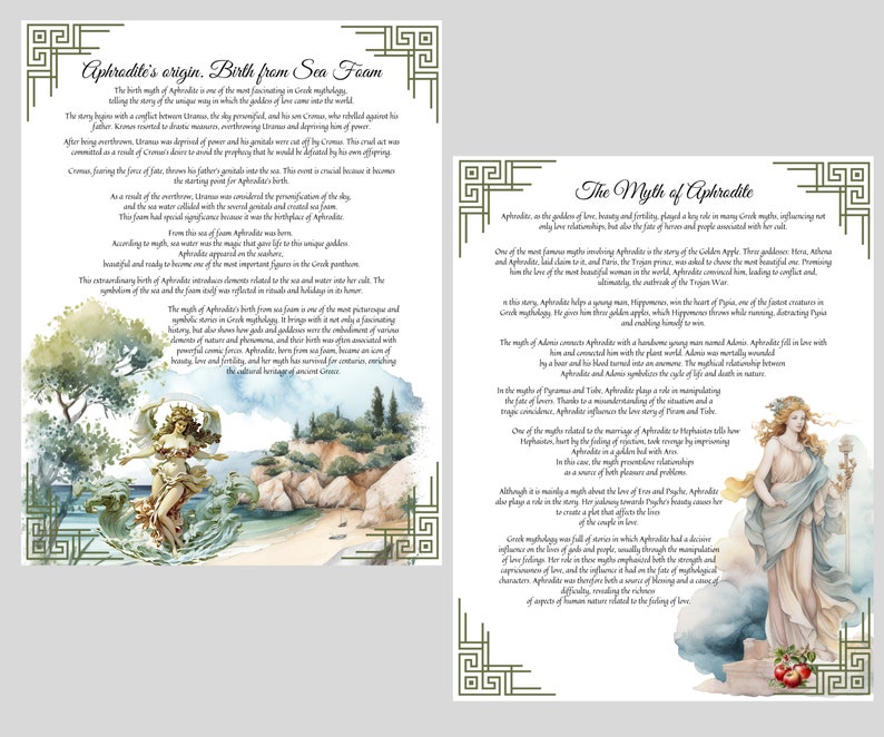 May include: Two illustrations depicting the Greek goddess Aphrodite. The first image shows Aphrodite emerging from the sea foam, surrounded by waves. The second image shows Aphrodite standing with a golden apple in her hand, surrounded by red apples. The text "Aphrodite's origin. Birth from Sea Foam" and "The Myth of Aphrodite" is visible in the images.