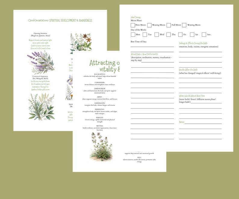 Pu&ograve; includere: Un diario di due pagine con sfondo verde chiaro. La pagina sinistra presenta testo e illustrazioni di erbe. La pagina destra ha sezioni per la fase lunare e note. Il testo include "Spiritual Development & Awareness."