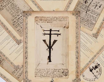 May include: A collection of aged paper pages with handwritten text and illustrations. The central image features a black ink drawing of a cross-like symbol within a rectangular frame. The pages have decorative borders and appear to be from a grimoire or spellbook.