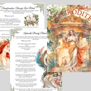 May include: Aphrodite Beauty Ritual guide with instructions on how to perform a ritual to improve beauty and self-care. The guide features a watercolor illustration of Aphrodite, the Greek goddess of love and beauty, standing in a garden setting.