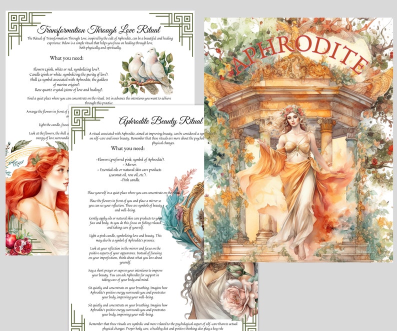 May include: Aphrodite Beauty Ritual guide with instructions on how to perform a ritual to improve beauty and self-care. The guide features a watercolor illustration of Aphrodite, the Greek goddess of love and beauty, standing in a garden setting.