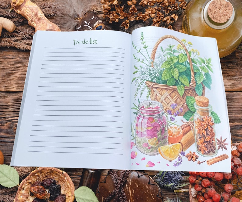 Pu&ograve; includere: Un taccuino aperto con l'intestazione "To-do list" sulla pagina sinistra. La pagina destra presenta un'illustrazione colorata di un cesto di erbe, barattoli di ingredienti e spezie. L'illustrazione include un cesto di erbe, barattoli e spezie.