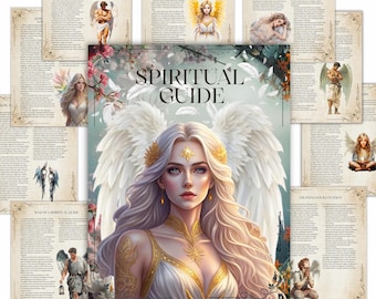 May include: A digital art print labelled "Spiritual Guide" depicting a woman with long blonde hair, large white feathered wings, and gold detailing. The central image is surrounded by pages with text and illustrations of angels, flowers, and celestial elements.