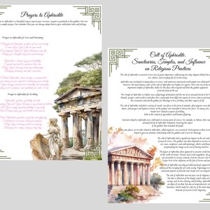 May include: Two watercolor illustrations depicting the Greek goddess Aphrodite. The first image shows a temple with a statue of Aphrodite standing in front of it. The second image shows a temple with a columned facade. The text on the images reads "Prayers to Aphrodite" and "Cult of Aphrodite, Sanctuaries, Temples, and Influence on Religious Practices".