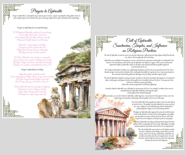May include: Two watercolor illustrations depicting the Greek goddess Aphrodite. The first image shows a temple with a statue of Aphrodite standing in front of it. The second image shows a temple with a columned facade. The text on the images reads "Prayers to Aphrodite" and "Cult of Aphrodite, Sanctuaries, Temples, and Influence on Religious Practices".