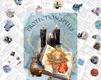 Puede incluir: Una colección de hechizos de protección imprimibles con un fondo azul y dorado. La imagen presenta un libro con una brújula dorada, una botella de poción y tres velas negras. El texto "Protection Spells" está escrito en letras dorées.