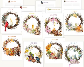 Puede incluir: Un conjunto de tarjetas imprimibles con ilustraciones de acuarela de coronas con varios elementos de temporada y animales. Cada tarjeta incluye el nombre de una fiesta pagana diferente, como Yule, Ostara, Beltane, Litha, Samhain, Lammas, Mabon e Imbolc.