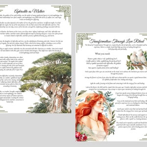 May include: Aphrodite, the Greek goddess of love, is depicted as a mother figure with doves and a pomegranate. The text describes a ritual for transformation through love, using flowers, candles, and crystals.